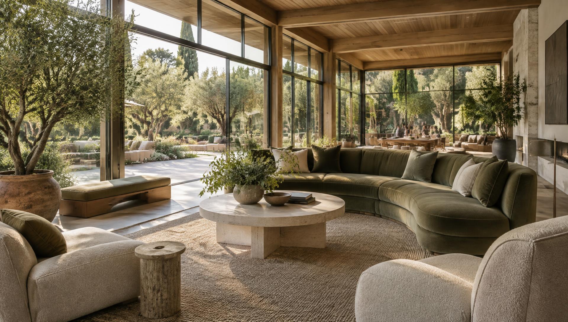 Thirdhaus concept: a sunlit private club lounge opening onto a leafy garden