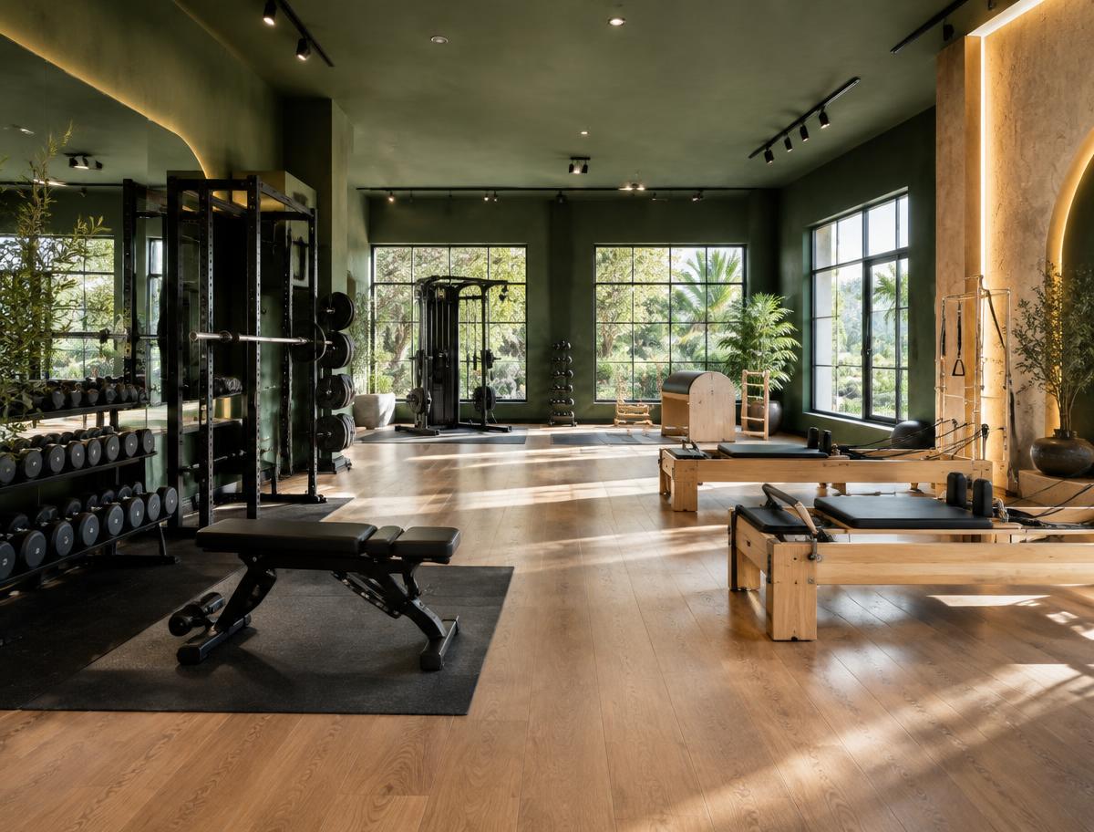 Sunlit fitness studio with premium strength and Pilates equipment