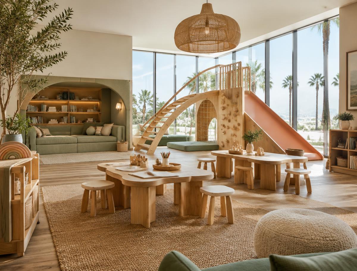 Thoughtfully designed children's discovery space with natural wood climbing structures